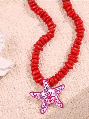 Red Beaded Necklace with Pink Floral Starfish Pendant
